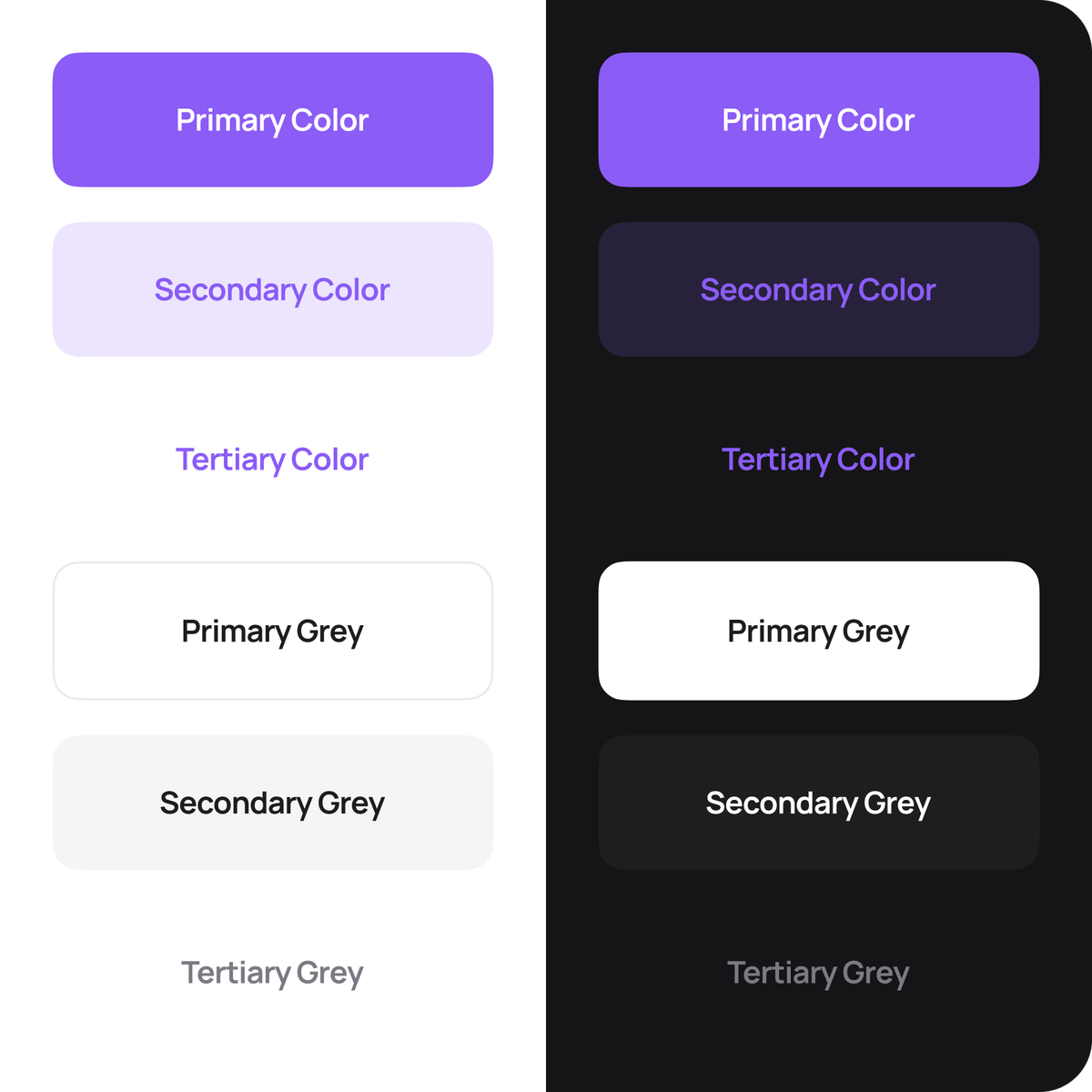Кнопки дизайн-системы Aifory Pro в светлой и тёмной темах: Primary Color, Secondary Color, Tertiary Color, Primary Grey, Secondary Grey и Tertiary Grey